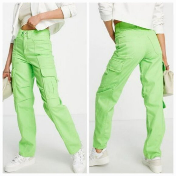 River Island High Rise Cargo Jean In Bright Green - Picture 1 of 16
